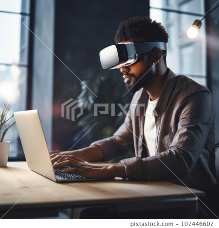 person wearing 3d goggles showing a virtual world 107446602