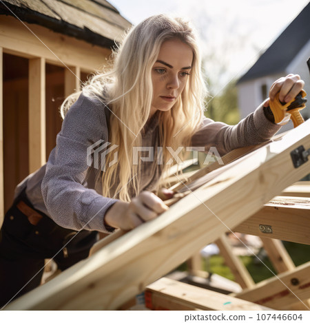 woman carpenter putting up joist in home construction 107446604