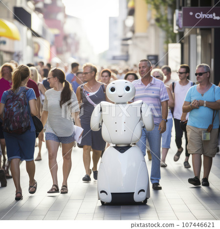 robot walking down a city street with people 107446621