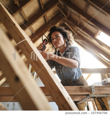 woman carpenter putting up joist in home construction woman carpenter putting up joist in home construction 107446706