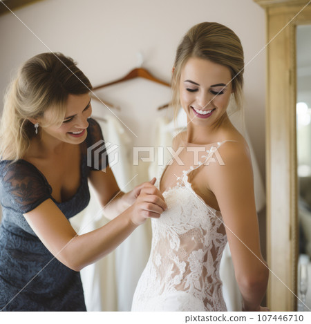 woman having wedding dress fitted woman having wedding dress fitted 107446710