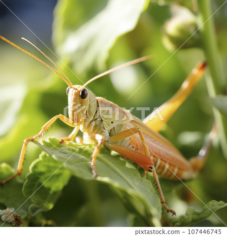 orange grasshopper sitting on a leaf 107446745