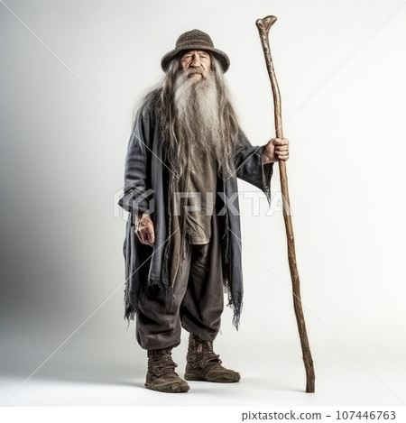 lifestyle photo old wizard standing with walking stick on white background lifestyle photo old wizard standing with walking stick on white background 107446763