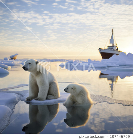 polar bear looking into water with ice breaker in background 107446769