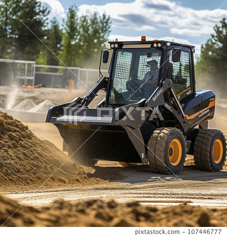 lifestyle photo skid steer with scoop shovel moving earth lifestyle photo skid steer with scoop shovel moving earth 107446777