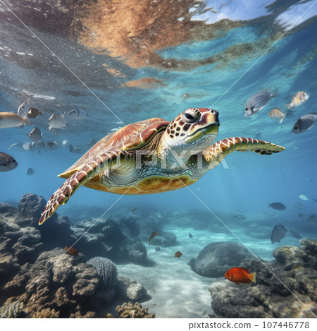 sea turtle swimming in clear ocean waters 107446778