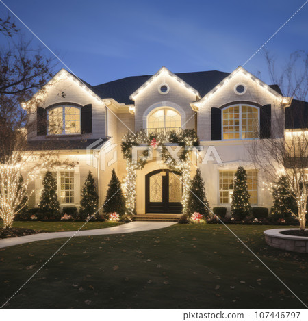 lifestyle photo christmas house exterior full of lights 107446797