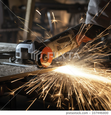 metal saw cutting beam with sparks flying metal saw cutting beam with sparks flying 107446800