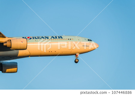 [Korean Airplane landing from the sky above Jonanjima Seaside Park in the setting sun] 107446886