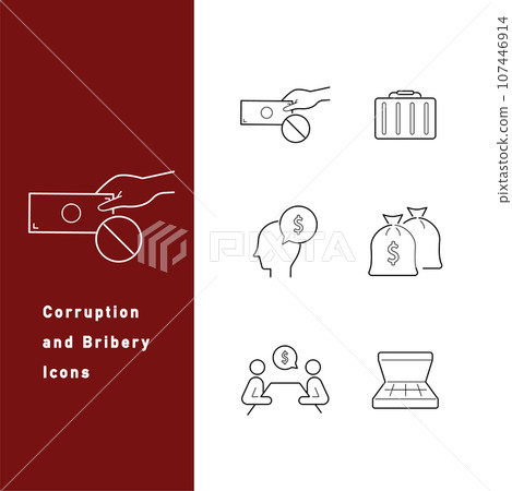 Set of line icons about corruption, bribery and political donations Set of line icons about corruption, bribery and political donations 107446914