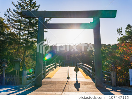 Asahi rising from Ise Jingu Naiku Ujibashi Torii 107447115