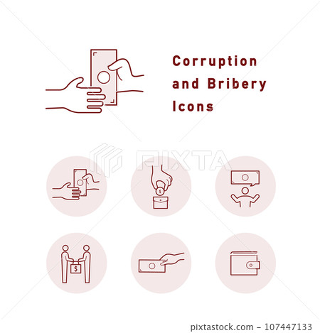 與腐敗、賄賂和政治獻金相關的一組顏色圖標 107447133