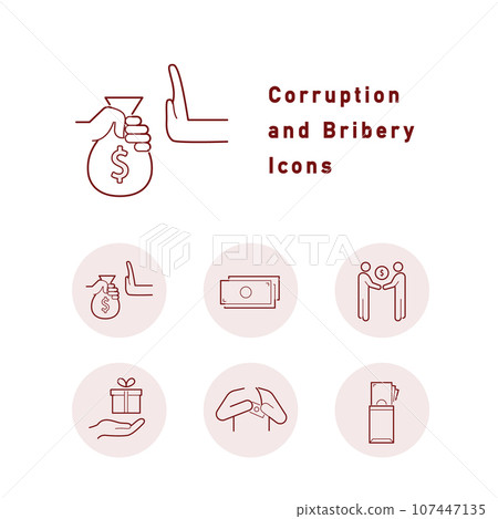 Set of color icons related to corruption, bribery, and political donations Set of color icons related to corruption, bribery, and political donations 107447135