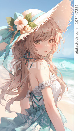 手绘动漫海边的泳装少女插画 手绘动漫海边的泳装少女插画 107447225