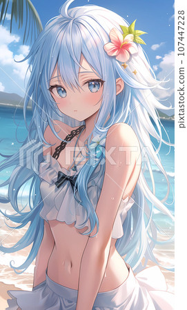 手绘动漫海边的泳装少女插画 107447228