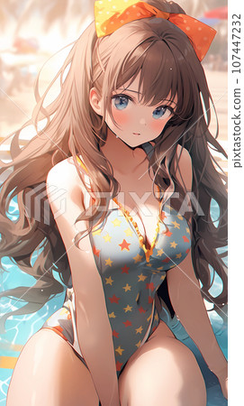 Hand-drawn cartoon illustration of a girl in a swimsuit on the beach 107447232