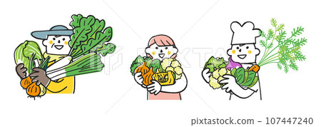 Autumn/winter sowing vegetables - Set of farmers, housewives, and cooks with lots of autumn/winter vegetables Illustration material 107447240
