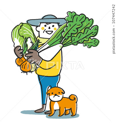 Autumn/winter sowing vegetables - Illustration material of a farmer or home gardener with lots of autumn/winter vegetables 107447242