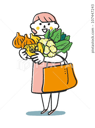 秋季/冬季播種蔬菜-圍裙中的婦女或家庭主婦拿著大量秋季/冬季蔬菜-插圖素材 107447243