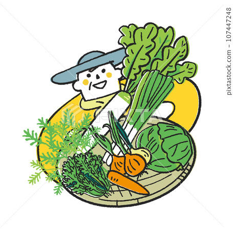 Autumn/Winter Sowing Vegetables Illustration material of a farmer or home gardener holding lots of autumn/winter vegetables and looking up at you 107447248