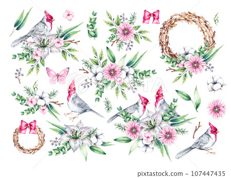 Birds and flowers hand drawn isolated Birds and flowers hand drawn isolated 107447435