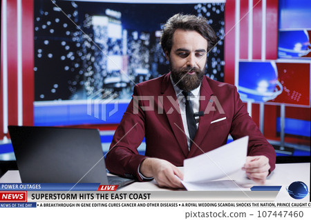 Real time updates about superstorm in news studio, broadcaster presenting natural disaster on island coast. Journalist covering storm report on breaking news segment live, night show. Real time updates about superstorm in news studio, broadcaster presenting natural disaster on island coast. Journalist covering storm report on breaking news segment live, night show. 107447460