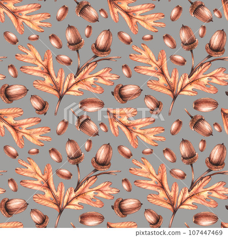 Watercolor pattern with acorns and oak branches on a gray background Watercolor pattern with acorns and oak branches on a gray background 107447469
