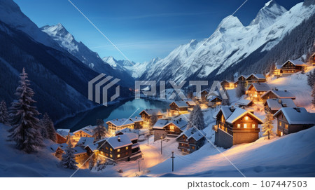 Mountain village in winter on Christmas, landscape with snow and houses 107447503