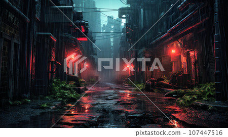 Cyberpunk streets, futuristic city, wallpaper, rain, foggy, dystopia, moody  empty future, art illustration Stock Illustration