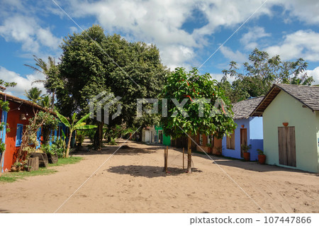 colored houses in Caraiva, coastal and riverside community located in Porto Seguro, Bahia, Brazil 107447866