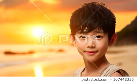 日落時在海灘上微笑的男孩“AI 生成圖像” 107448336
