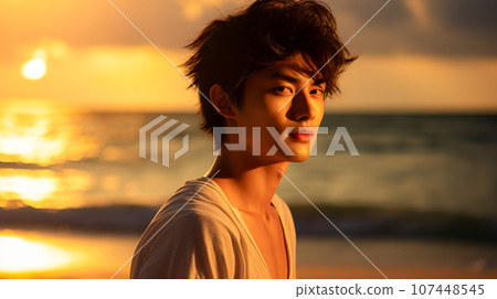 Young man basking in the sunset on the beach "AI generated image" Young man basking in the sunset on the beach "AI generated image" 107448545