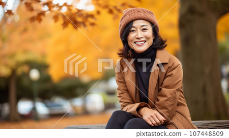 秋季公園坐著休息的中年婦女 107448809