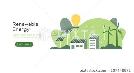Renewable Energy Concept. Light Bulb with Wind Turbine and Solar Energy Panels. Green Energy Technology. Ecology, Environment and Pollution. Vector Illustration. 107448971