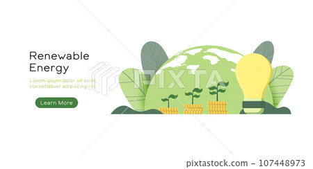 Light bulb with Plants growth on stacked coins. Green Renewable Energy Technology. Ecology, Environment and Pollution. Vector Illustration. 107448973