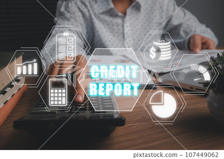 Credit report concept, Business woman using calculator and business paper with credit report icon on virtual screen. 107449062