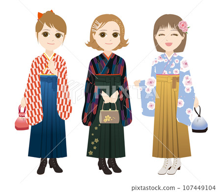 Three women in hakama with bags and purses (Japanese style seamless pattern) 107449104