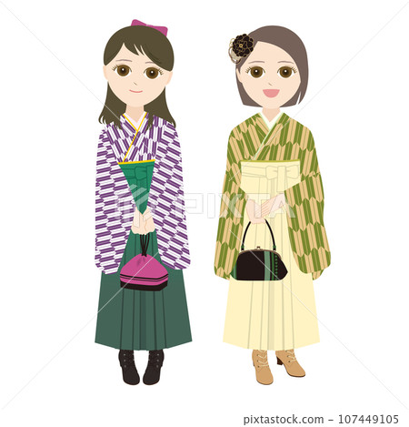 Two women in hakama with bags and purses (Japanese style seamless pattern) 107449105
