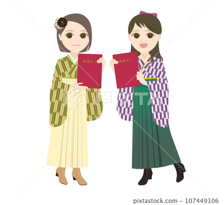 Two women in hakama happily holding diplomas (Japanese style seamless pattern) Two women in hakama happily holding diplomas (Japanese style seamless pattern) 107449106