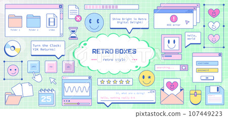 Y2K Retro Windows and Icons. Nostalgic Old Computer User Interface with Vaporwave Aesthetics. Vintage Screen and UI, Bright Colors, and Cute Smile Elements. 107449223
