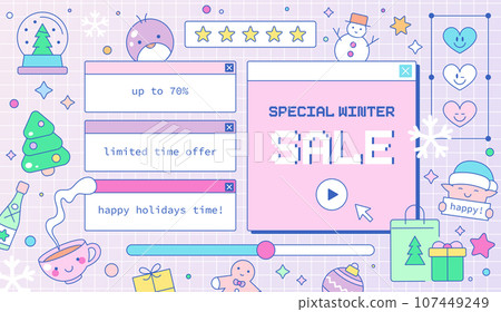 Retro Y2K Winter and New Year's Sale Banner. Vaporwave Old Computer Windows with Groovy Colors, Vintage 60s-70s Vibes. Cute Christmas Elements. Snowman, Tree, Santa's Helper, and Gifts. 107449249
