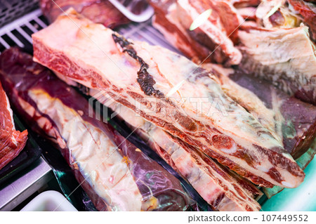 Pieces of raw beef meat lying on counter of butcher shop 107449552
