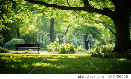 鬱鬱蔥蔥的公園裡的長凳“人工智慧生成的圖像” 107450026