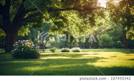 擁有鬱鬱蔥蔥的綠色草坪的公園風景“AI 生成圖像” 107450342