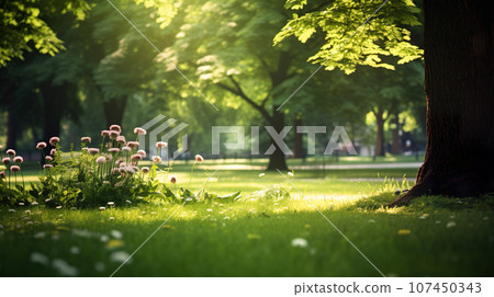 擁有鬱鬱蔥蔥的綠色草坪的公園風景“AI 生成圖像” 107450343