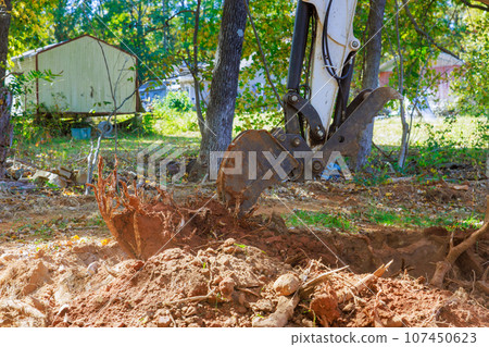 Worker uses an excavator to uproot trees as part of preparation ground for construction Worker uses an excavator to uproot trees as part of preparation ground for construction 107450623