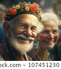 Close-up portrait of smiling and happy senior couple at holi festival. Generative AI 107451230