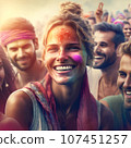Close up portrait of a beautiful girl. Smilling group of people at the holi party. Festival of Colors. Generative AI 107451257