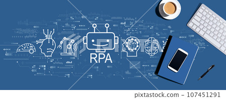 Robotic Process Automation theme with computer keyboard and office items 107451291