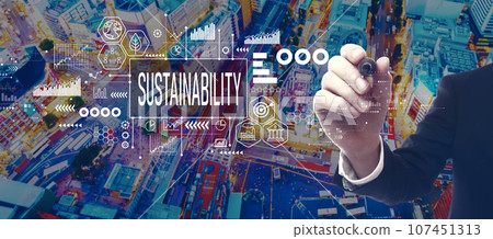 Sustainability theme with businessman in city at night 107451313
